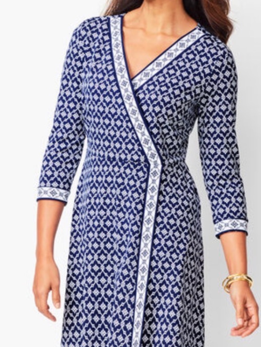 Talbots NWT Navy White Geometric Faux Wrap Dress L